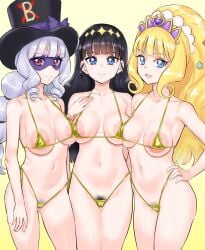 3girls armpits ass_visible_through_thighs bikini black_hair black_hat blonde_hair blue_eyes breasts cameltoe closed_mouth commentary_request cure_finale delicious_party_precure eyebrows_hidden_by_hair female female_pubic_hair gentlu_(precure) gold_bikini half_mask hand_on_own_chest hand_on_own_hip hat hat_ribbon highres kasai_amane kuppipi_ramutarou large_areolae long_hair looking_at_viewer mask micro_bikini multiple_girls nipple_slip nipples open_mouth ponytail precure pubic_hair pubic_hair_peek purple_ribbon red_eyes ribbon simple_background small_breasts smile swimsuit top_hat white_background white_hair