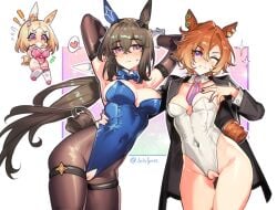 3girls admire_vega_(umamusume) baobao771100 blonde_hair brown_hair chibi cleft_of_venus commentary_request crotchless crotchless_leotard ear_covers ear_ornament female hair_between_eyes leotard multiple_girls narita_top_road_(umamusume) nontraditional_playboy_bunny one_eye_closed orange_hair purple_eyes pussy pussy_cutout single_ear_cover t.m._opera_o_(umamusume) umamusume