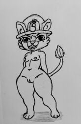 1girls 2025 3_toes anthro breasts evita_fuegos eyes female firefighter firefighter_helmet fur hands_behind_back helmet helmet_only kinn_krinso lion lion_girl lion_tail looking_at_viewer naval nipples nose nuevoleon open_mouth photo_(medium) pussy small_breasts solo tail teeth toes tongue traditional_art traditional_media