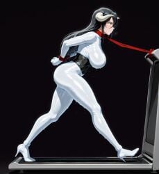 ai_generated albedo_(overlord) arms_behind_back big_ass big_breasts black_hair bondage corset curvy curvy_female female_focus latex long_hair overlord running solo_female succubus sweat thick_thighs treadmill voluptuous voluptuous_female yellow_eyes