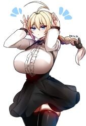 1girl :o ahoge artist_name black_skirt black_thighhighs blazblue blonde_hair blouse blue_eyes braid braided_ponytail breasts center_frills cowboy_shot curvy double-parted_bangs english_commentary es_(xblaze) female fighting_game floating_hair frills hair_between_eyes hair_intakes hair_ornament high-waist_skirt highres huge_ahoge huge_breasts kishi_(artist) kishi_32 light-skinned_female light_skin long_hair long_sleeves looking_at_viewer miniskirt notice_lines oppai_loli parted_lips pleated_skirt rabbit_hair_ornament rabbit_pose shirt simple_background single_braid skindentation skirt solo thick_thighs thighhighs thighs tsurime underbust video_game_character white_background white_shirt xblaze xblaze_code:_embryo