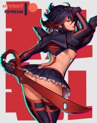 1girls ass back black_hair blue_eyes boots breasts commentary covering_crotch covering_privates elbow_gloves english_commentary female female_only from_behind gloves hair_ornament hairclip hand_in_own_hair holding holding_weapon kill_la_kill looking_at_viewer looking_back matoi_ryuuko medium_breasts miniskirt multicolored_hair mystra77 no_bra no_panties patreon_username pleated_skirt red_hair revealing_clothes scissor_blade_(kill_la_kill) senketsu short_hair sideboob skirt solo streaked_hair suspenders thigh_boots thighhighs two-tone_hair underboob weapon