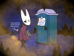 2025 4:3 anthro desperation fart fart_fetish female hollow_knight:_silksong hollow_knight_(franchise) hornet_(hollow_knight) out_of_order portapotty rumbling_stomach solo soundtechrapture team_cherry text vessel_(species)