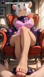 1boy 1girls 2025 ai_assisted ai_generated animal_ears anime artist_name bare_shoulders barefoot belphegor_(sin_nanatsu_no_taizai) big_breasts big_chest big_penis blush bow bowtie breast breasts brown_eyes bust busty chair chest cock dark_skin desk dick explicit eyebrows_visible_through_hair feet feet_fetish female foot_fetish foot_play footjob hair_between_eyes hi_res high_quality high_resolution highres indoors jacket large_breasts looking_at_viewer male off_shoulder patreon patreon_username penis pink_bow short_hair sin_nanatsu_no_taizai sitting skypassion smile soles stable_diffusion straight toejob toes watermark white_hair window