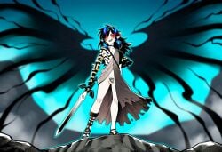 ai_art ai_generated alternate_costume androgynous bare_legs black_hair black_lipstick black_makeup black_nails blue_hair blush caged_cock choker corrupted crossdressing dark_link darkness dominant dress elf elf_ears evil_grin femboy feminine_male feminization flat_chastity_cage fog glowing_eyes half_dressed half_naked hylian link link_(tears_of_the_kingdom) lipstick makeup male male_focus master_sword mist naked_male nintendo no_pupils novelai open_dress pale_skin rauru's_arm red_eyes sexy shadows smirk sole_male tattoo the_legend_of_zelda trap twink wings