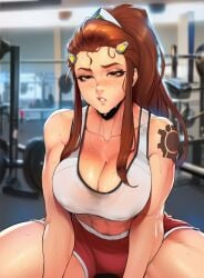 1girls ai_generated big_breasts breasts brigitte brown_hair female gym gym_shorts jaygoats muscular muscular_female overwatch overwatch_2 sports_bra sweat sweatdrop sweaty_breasts sweaty_clothes thick_thighs