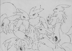 1boy 1girls anthro anthro_on_anthro breasts canine chest_tuft digimon female female_anthro fivesome fox fur furry male male/female male_anthro male_anthro/female_anthro male_renamon mechogama monochrome orgy penis pussy renamon tail