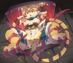 absurd_res anthro anus areola blonde_hair bodily_fluids bottomwear breasts claws clitoris clothed clothing coin countershade_torso countershading cygames defeated felid feline female front_view fur genital_fluids genitals green_eyes hair hi_res inner_ear_fluff kemono mammal markings mia_(world_flipper) mimic mimic_chest nipples open_mouth pantherine pants pawpads paws penile saliva saliva_string scared shorts sillybunny9623 solo spread_legs spreading striped_body striped_fur striped_hair striped_markings striped_tail stripes tail tail_markings tears teeth tentacle thick_thighs tiger toe_claws tongue topwear torn_bottomwear torn_clothing torn_shorts torn_topwear tuft vaginal_fluids vaginal_penetration vulva world_flipper