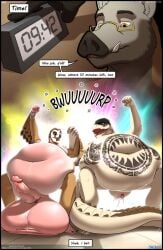 agro_alba_(character) alligator alligatorid anthro avian balls belly big_balls big_belly bird bodily_fluids clitoris clitoris_piercing clothing comic crocodilian cuntboy danny_(owligatorstudios) dannys_diner dialogue eyewear futanari genital_fluids genital_piercing genitals glasses group hand_hold hat headgear headwear hi_res huge_balls huge_belly hyper hyper_balls hyper_belly hyper_genitalia intersex male mammal nonbinary_(lore) owl owligatorstudios piercing precum reptile scalie segremores smile suid suine sus_(pig) tattoo timer trio tusks wild_boar