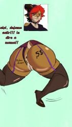 albedogalvan10_(artist) before_anal before_rape before_sex begging_for_mercy body_writing fat_ass fur furry goat goat_horns goat_humanoid goat_tail goth goth_girl gothic original_character red_hair saanen_(oc) saanen_goat spanish_text stuck_in_wall