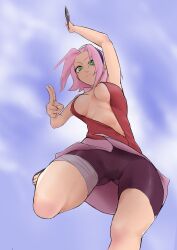1girls alternate_breast_size areola_slip areolae areolae_slip arm_above_head arm_up armpits belly belly_button big_breasts black_shorts blue_background blue_sky breasts busty busty_female busty_girl closed_mouth_smile clouds collarbone day daylight daytime digital digital_art digital_drawing digital_drawing_(artwork) digital_media digital_media_(artwork) elbows female female_focus female_only fingers green_eyes green_eyes_female groin hand_above_head hand_up head_tilt headband high_resolution highres hourglass_figure inguinal_crease inguinal_ligament jumping kunai large_boobs large_breasts lean_figure linea_alba looking_at_viewer looking_down looking_down_at_viewer midriff muscular_thighs narrow_waist naruto naruto_(series) naruto_shippuden navel nipple_bulge nipple_slip nipples parted_bangs partially_exposed_vulva partially_visible_vulva pink_eyebrows pink_hair pink_hair_female pixiv_id_74411726 plump_breasts ribs sakura_haruno short_hair shorts shoulders sidelocks simple_background sky slender_body slender_waist slim_waist smile smiley_face smiling smiling_at_viewer smirk solo stomach thick_thighs thigh_gap thighs tilted_head uncensored_breasts uncensored_nipples underboob upper_body wide_hips
