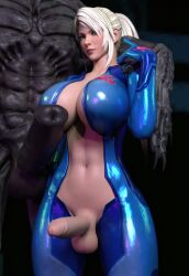big_breasts big_penis blonde_female blonde_hair blonde_hair_female cleavage futanari green_eyes metroid monster monster_cock nintendo samus_aran xapo69 zero_suit zero_suit_samus