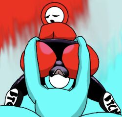 balls_in_panties black_eyes black_leg_warmers black_panties cyan_skin femboy legwarmers licking_balls looking_at_viewer looking_back low_quality low_res male male/male male_on_male male_only o_mouth open_mouth original_character panties red_body simple_background simple_shading stickman