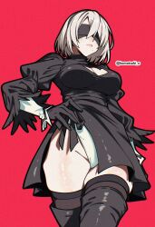 1girl black_blindfold black_dress black_gloves black_hairband black_legwear blindfold blush blushing boots breasts covered_eyes dress feather-trimmed_sleeves gloves hairband highleg_leotard juliet_sleeves komatsuki_n leotard long_sleeves medium_breasts mole mole_under_mouth nier:_automata puffy_sleeves red_background short_hair silver_hair solo thigh_boots thighhighs thighhighs_under_boots thighs twitter_username two-sided_fabric white_hair white_leotard yorha_2b