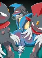 anus ass ball_fondling ball_gag balls blue blush bondage breasts cum dick_stomping female flaccid footjob gag hindpaw lobs lucario male penis pokemon pokemon_(species) red_eyes sneasel straight sweat tail tear weavile