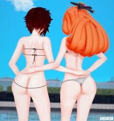 2girls arrancon ass ass_focus bikini bikini_bottom bikini_top black_hair black_hair_female facing_away hands_on_hips long_hair long_hair_female orange_hair orange_hair_female penny_polendina red_highlights ruby_rose rwby showing_ass small_bikini