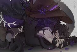 1male 1nonbinary azure_(forsaken) bandaged_arm blush flower forsaken_(roblox) hat head_wings muscular_male nonbinary_(lore) on_top partners roblox roblox_game scars size_difference tail tentacle twinstte two_time_(forsaken) yaoi