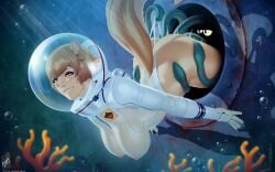 1boy 1girls animal_humanoid ass blue_skin bodysuit breasts brown_hair cephalopod coral duo female helmet humanized interspecies light-skinned_female light_skin male male/female mammal mammal_humanoid marine nickelodeon octopodiform octopus panties rodent_humanoid sandy_cheeks sciurid sciurid_humanoid sex spongebob_squarepants squidward_tentacles squirrel squirrel_humanoid tail tentacle tentacle_sex themaestronoob underwater water white_bodysuit