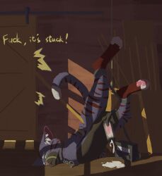 4_toes animal_genitalia arms_tied backbend balls barefoot barn_door bodily_fluids bondage bound chained chains chuchochi chuchochi_(character) collar crate cuff_(restraint) cuffed_ankles cum cum_on_ground dialogue digitigrade domestic_cat erection eyebrows feet felid feline felis flexible fur genital_fluids genitals green_eyes green_sclera grey_body grey_fur hi_res inner_ear_fluff inside legs_up machine machine_bondage male mammal metal_collar metal_cuffs multicolored_body multicolored_fur muzzle_(object) muzzled nude orgasm pawpads penis pink_ears pink_nose pink_pawpads pink_penis plank purple_body purple_fur red_body red_fur red_stripes restrained_arms restrained_legs restraints rope rope_bondage shadow solo spread_legs spreading stripes tail toes tuft white_body white_eyebrows white_fur wood