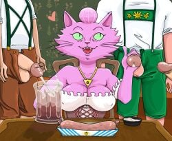 anthro balls bodily_fluids bojack_horseman bottomwear bratwurst breasts cleavage clothed clothing color_edit colored cum cum_in_a_cup cum_in_container cumshot dbaru domestic_cat ejaculation faceless_character faceless_male fangs felid feline felis female female_focus food front_view fully_clothed fur genital_fluids genitals glans glass green_eyes group handjob heart_symbol human human_on_anthro humanoid_genitalia humanoid_penis interspecies jewelry looking_up male male/female male_on_anthro mammal meat necklace netflix nipple_outline open_bottomwear open_clothing open_mouth open_pants orgasm pants penile penis penis_grab penis_poking_out penis_through_fly pink_body pink_fur precum princess_carolyn sausage sex sitting solo_focus suspenders teeth third-party_edit tongue whiskers