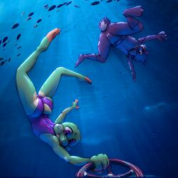 absurd_res amphibian anthro anus ass avian beak bird blue_eyes bubble camel_toe clothing digital_media_(artwork) diving_suit duo feet female feral fingers fish frog genitals hair hi_res holding_object lily_(artist) marine one-piece_swimsuit penguin purple_eyes pussy smile spread_legs spreading swimwear tail tight_clothing toes underwater underwater_scenery vulva water