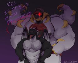 2024 4_arms azaan_the_giratina barazoku black_body claws clothing dialogue dorsal_fin dorsal_frill dragon ear_fins fin frill_(anatomy) generation_4_pokemon giratina glowing glowing_eyes grey_body hat headgear headwear hi_res horn kimichibear legendary_pokemon male multi_arm multi_limb multicolored_body musclegut muscular mythological_creature mythological_scalie mythology negadrake nintendo pokemon pokemon_(species) red_eyes scalie spines standing_behind tongue tongue_out trucker trucker_hat wings