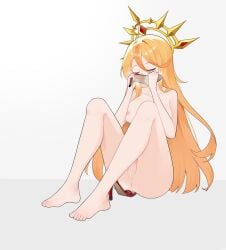 absurdres anus bar_censor barefoot blonde-hair breasts censored character_request closed_eyes completely_nude copyright_request feet female female_pervert full_body hair_between_eyes halo high_heels highres long_hair medium_breasts nipples nude pervert pussy shoes simple_background sitting smell smelling smelling_shoe solo stiletto_heels toes unworn_shoes very_long_hair white_background wl217_(nicexa111)