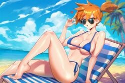 adjusting_eyewear ai_generated aksn alternate_breast_size barefoot beach beach_chair bikini blue_bikini blue_eyes blue_sky breasts chair cleavage clothing cloud collarbone day feet female female_only grin hand_on_eyewear hand_up kasumi_(pokemon) knee_up large_breasts legs looking_at_viewer looking_over_eyewear lounge_chair micro_bikini navel ocean orange_hair outdoors palm_tree pokemon ponytail reclining sand shiny_skin short_hair side-tie_bikini_bottom side_ponytail sitting sky smile solo strap_gap string_bikini sunglasses swimsuit thighs toenails toes tree underboob water