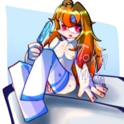 blue_popsicle breasts freckles freckles_on_breasts freckles_on_chest freckles_on_face freckles_on_shoulders freckles_on_thighs holding holding_object holding_popsicle human meggy_spletzer mostly_nude nipples orange_hair popsicle pussy pussy_juice pussy_juice_drip red_eyes sitting smg4 smg4_art stockings tagme thighhighs tokki_meki white_legwear white_stockings