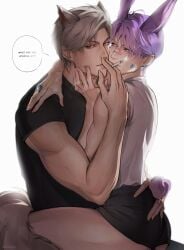 2boys animal_ears booty_shorts clothing colored compression_shirt dominant facing_each_other gay holding_partner hugging kemonomimi looking_at_another looking_at_partner looking_at_viewer love_and_deep_space male male/male male_only muscular_male purple_eyes purple_hair rafayel_(love_and_deep_space) red_eyes silver_hair sitting sitting_on_lap smoking speech_bubble submissive_male sylus_(love_and_deep_space) tail yaoi