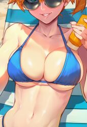 ai_generated aksn bare_shoulders beach beach_chair bikini blue_bikini breasts cleavage clothing collarbone female green_eyes grin halterneck holding kasumi_(pokemon) large_breasts lips looking_at_viewer looking_over_eyewear lotion lotion_bottle lounge_chair lying navel on_back orange_hair outdoors parted_lips pokemon ponytail sand short_hair side_ponytail skindentation smile solo stomach sunglasses sunscreen swimsuit upper_body