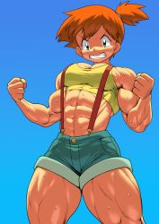 abs alternate_muscle_size biceps breasts cleavage clenched_hands clenched_teeth clothing crop_top denim denim_shorts female green_eyes kasumi_(pokemon) medium_breasts midriff muscle muscular muscular_female navel obliques orange_hair pokemon pokemon_(anime) pokemon_(classic_anime) pokkuti ponytail short_hair short_ponytail short_shorts shorts side_ponytail solo suspender_shorts suspenders sweat tank_top teeth thick_thighs thighs yellow_shirt yellow_tank_top