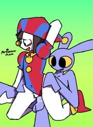 1boy 1girls absurd_res animal_humanoid anthro arsinnamon balls big_eyes blush brown_hair clothed clothed_female clothing clown clown_costume clown_makeup clown_shoes dialated_pupils duo embarrassed female fool's_hat fully_clothed genitals glitch_productions grabbing_hips hair hat headgear headwear hi_res human humanoid jax_(tadc) jax_(the_amazing_digital_circus) lagomorph lagomorph_humanoid larger_male leporid leporid_humanoid male male/female mammal mammal_humanoid nude nude_male penetration penile penile_penetration penis penis_in_vagina pomni pomni_(tadc) pomni_(the_amazing_digital_circus) purple_body rabbit rabbit_ears rabbit_humanoid raised_arm riding sex shallow_penetration signature simple_background size_difference smaller_female smaller_penetrated the_amazing_digital_circus thick_thighs toony vaginal_penetration white_body wide_hips