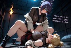 2futa 2futas ai_generated backlighting blonde_hair blue_eyes comic dialogue eye_contact futa_with_futa futanari large_breasts laying laying_down laying_on_another laying_on_back light-skinned_female light-skinned_futa light-skinned_futanari light_skin mitarashi_anko naruto_(series) naruto_shippuden purple_hair short_hair shyvia text torch touch yellow_eyes