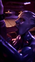 1boy 1girls 3d alien alternate_version_at_source asari balls balls_fondling big_penis bioware blue_skin breasts drooling erection fellatio female fondling_balls looking_at_partner male mass_effect oral oral_sex penis saliva serpentorder shiny_breasts shiny_skin wet_skin