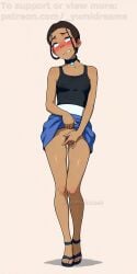 1girls _yumidreams accurate_art_style ai_generated ashamed avatar_legends bare_legs bare_shoulders black_tank_top blush braid braided_hair braided_ponytail breasts collar collarbone dark-skinned_female embarrassed explicit female fingering fingering_pussy fingering_self flushed flushed_cheeks full_body hairy_pussy high_resolution highres jewelry katara looking_down medium_breasts no_bra no_underwear petite pubic_hair pussy pussy_peek rolling_eyes sandals simple_background skinny skinny_girl small_breasts tight_pussy upskirt upskirt_view