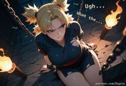 2futa 2futas ai_generated angry backlighting blonde_hair blue_eyes chained chains comic dialogue futa_with_futa futanari large_breasts light-skinned_female light-skinned_futa light-skinned_futanari light_skin naruto_(series) naruto_shippuden restrained short_hair shyvia slave temari temari_(naruto) text torch torn_cloth torn_clothes torn_clothing