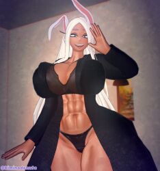 1girls 3d 3d_model abs belly belly_button big_breasts black_coat blush breasts brown_skin chiseled_abs dark-skinned_female dark_skin female fit_female huge_breasts kiminodonuts koikatsu lips looking_at_viewer mirko my_hero_academia rabbit_ears red_eyes round_breasts rumi_usagiyama smiling sports_bra tagme thick_lips thick_thighs thin_waist toned_body toned_female toned_stomach transparent_clothing white_hair