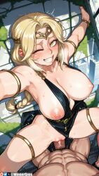 1boy ai_generated armlet armpits black_dress blonde_hair blush bracelet braid braided_ponytail breasts circlet cleavage clenched_teeth clothing_aside cowgirl_position dress elden_ring female fromsoftware grin jewelry large_breasts long_hair looking_at_viewer male male_pubic_hair nipples no_bra on_back one_eye_closed patreon_logo patreon_username penis plunging_neckline pov pubic_hair pussy pussy_juice queen_marika_the_eternal saliva sex smile straddling straight sweat teeth uncensored vaginal_penetration wienergens yellow_eyes