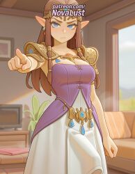 1futa 2025 ai_generated artist_name blue_eyes breasts brown_hair bust chest dress earrings futanari hi_res high_quality high_resolution highres indoors jewelry long_hair nintendo novalust patreon patreon_username pointing pointy_ears potted_plant princess_zelda see-through solo stable_diffusion table the_legend_of_zelda triforce watermark