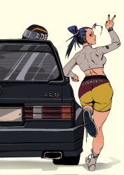 anonymous_artist ass black_hair car crop_top facing_away large_ass motorcycle_helmet peace_sign ponytail shoes shoestring shorts sideboob vehicle