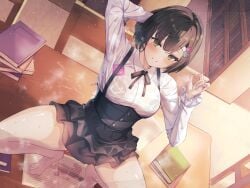 absurdres arm_behind_head arm_up bare_legs barefoot bikkii black_bra black_hair black_ribbon black_skirt blush book book_stack bookshelf bra bra_visible_through_clothes breasts closed_mouth collared_shirt condom condom_wrapper dripping feet female frilled_skirt frilled_sleeves frills green_eyes hair_ornament hairclip high-waist_skirt highres indoors layered_skirt legs long_sleeves looking_at_viewer medium_breasts miniskirt neck_ribbon on_table original pussy_juice ribbon see-through_clothes see-through_shirt shirt short_hair skirt smile solo spread_legs squatting steam steaming_body suspender_skirt suspenders sweat table thighs tiptoes toes underwear wet wet_clothes wet_shirt white_shirt