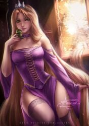 1girls axsens blonde_female blonde_hair corset crown disney disney_princess dress fairy_tale female female_only female_solo green_eyes high_slit_dress hips hourglass_figure iguana jewelry long_hair pet princess purple_dress rapunzel royalty slim_waist slit_dress small_waist solo solo_female tangled text thighhighs thighs tight_clothing very_long_hair wide_hips