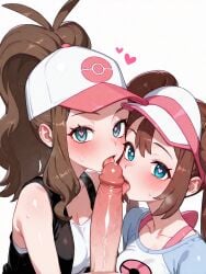 1boy 2girls ai_generated baseball_cap blue_eyes blush breasts brown_hair double_bun erection fellatio hat heart heart-shaped_pupils hetero high_ponytail hilda_(pokemon) licking licking_penis looking_at_viewer multiple_fellatio multiple_girls oral penis pokemon ponytail rosa_(pokemon) saliva shirt striped_background sweat symbol-shaped_pupils tagme tongue tongue_out uncensored veins veiny_penis visor_cap white_shirt
