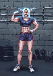 2025 2d abs commissioner_upload crop_top elf elf_ears female glowing_eyes gym gym_clothes gym_shorts modern_setting mothka muscle_mommy muscles night_elf pointed_ears weights white_hair world_of_warcraft