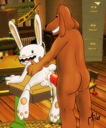 all_fours anal anal_sex anthro canine cum desk fur furry furry_only gay hindpaw interspecies lagomorph male max milo nude penetration rabbit sam sam_and_max