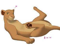 2009 anus disney feline female female_feral feral green_eyes heart hindpaw kisu lion lioness nala on_back presenting pussy solo spread_legs spreading the_lion_king