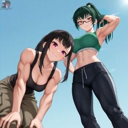 2girls ai_generated biceps black_hair cleavage crouching_over_viewer drawstring female female_only fire_force from_below glasses green_hair hanging_breasts jujutsu_kaisen large_breasts looking_at_viewer loose_pants low-angle_view maki_oze maki_zenin medium_breasts midriff ponytail purple_eyes semi-rimless_eyewear smile smirk sports_bra standing_over_viewer strong_female sweatpants tank_top zorkpics