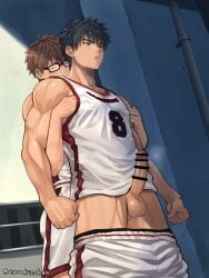 2boys balls basketball_uniform biceps black_eyes black_hair blush brown_hair censor_bar censored censored_penis clenched_hand closed_eyes collarbone ebitendon erection foreskin foreskin_folds frenulum gay glasses hand_in_clothes hi_res hugging hugging_from_behind looking_at_another male male/male male_only muscles muscular muscular_arms muscular_legs muscular_male muscular_thighs nipple_play original original_character outdoors pants_down pecs penis pointless_censoring red_glans retracted_foreskin shadow short_hair shorts standing sunlight sweat sweatdrop sweating sweaty tanktop torakitchen torakitchen_(ebitendon) triceps uncircumcised uncut yaoi