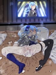 absurdres after_sex ascot asymmetrical_legwear blue_ascot blue_hair blurry blurry_background blush breasts bukkake censored clothes_lift commentary commission cum cum_in_mouth cum_in_pussy cum_on_body cum_on_clothes cum_on_hair cum_pool earrings facial female hair_ribbon happa_freee high_side_ponytail highres hololive hoshimachi_suisei hoshimachi_suisei_(1st_costume) hotel_room jewelry juxtaposition lying mismatched_legwear mosaic_censoring on_back performance_juxtaposition pillow plaid_clothes plaid_shirt plaid_skirt pussy pussy_juice_stain ribbon shirt single_thighhigh skeb_commission skirt skirt_lift small_breasts solo spread_legs star_(symbol) star_earrings television thigh_strap thighhighs trembling unconscious virtual_youtuber